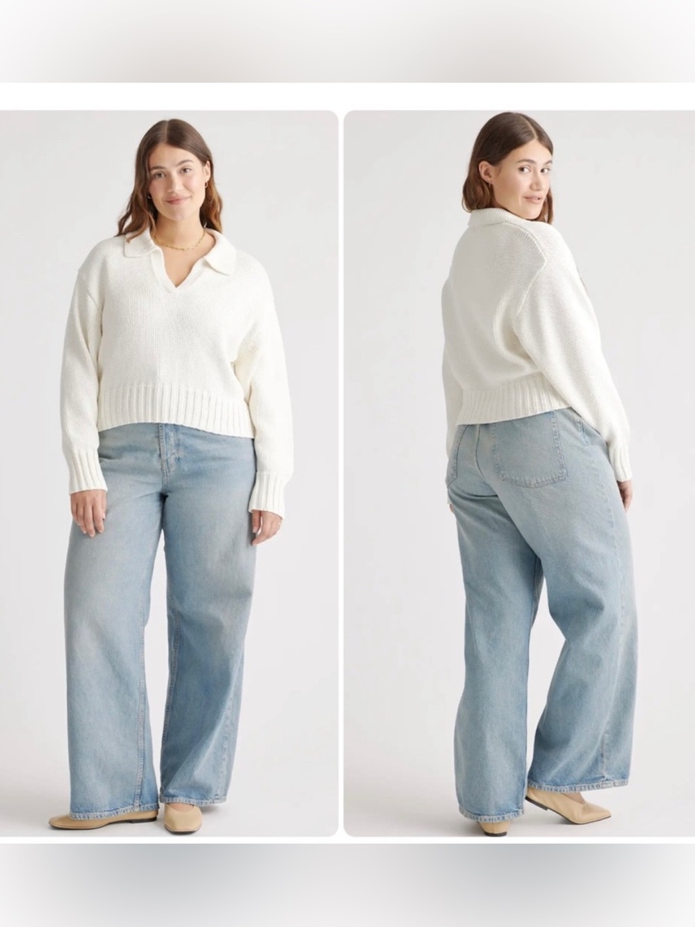 Quince 100% Organic Cotton Cropped Polo Sweater Ivory White Size Medium